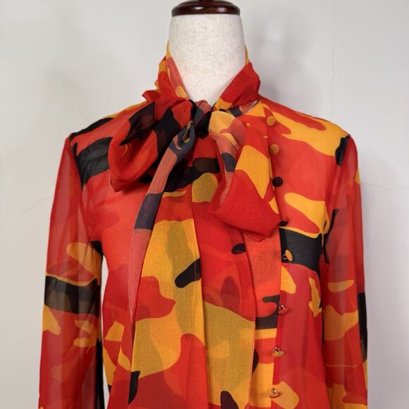 Dsquared2 Camouflage Print Bow Neck Sheer Dress Red Orange Size 38 US 2 - Picture 2 of 12
